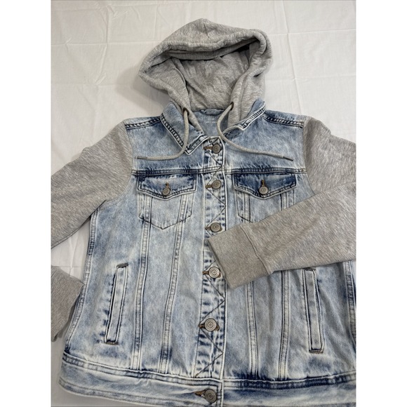 Aeropostale Jacket Womens Medium Blue Denim Gray Hoodie Jean Sweater Hooded M - Picture 1 of 10